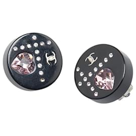 Chanel-Chanel Coco Mark Rhinestone Heart Earrings-Black,Golden