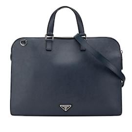 Prada-Prada Saffiano Shoulder Bag in Navy Leather-Navy blue