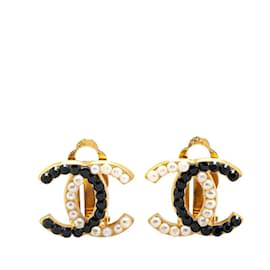 Chanel-Chanel Coco Mark Rhinestone Clip Earrings-Black,White,Golden