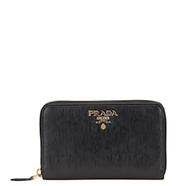 Prada-Prada Round Long Wallet in Black Leather-Black