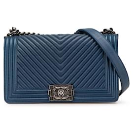 Chanel-Chanel Boy 25 V-Stitch Chain Shoulder Bag-Navy blue