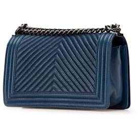 Chanel-Chanel Boy 25 V-Stitch Chain Shoulder Bag-Navy blue