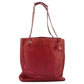 Chanel-CHANEL Matelasse Chain Tote Bag Lamb Skin Gold Red CC Auth BA1477-Red,Golden