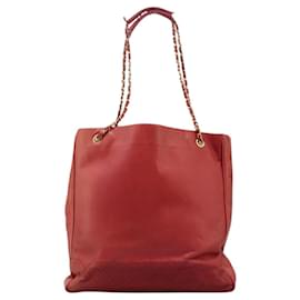Chanel-CHANEL Matelasse Chain Tote Bag Lamb Skin Gold Red CC Auth BA1477-Red,Golden