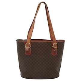 Céline-CELINE Macadam Canvas Tote Bag PVC Leather Brown Gold Auth 119764-Brown,Golden