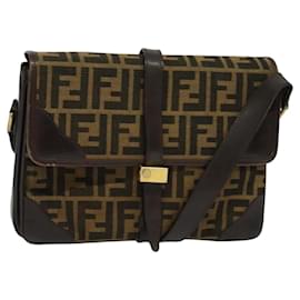 Fendi-FENDI Zucca Canvas Shoulder Bag Vintage Black Brown Auth 119545-Brown,Black