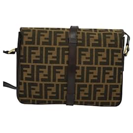 Fendi-FENDI Zucca Canvas Shoulder Bag Vintage Black Brown Auth 119545-Brown,Black