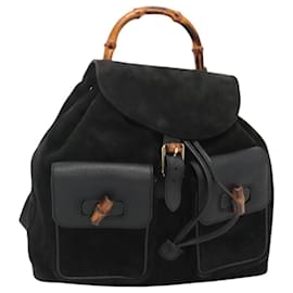 Gucci-GUCCI Bamboo Backpack Suede Black Gold Auth 120117-Black,Golden