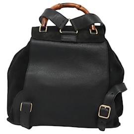 Gucci-GUCCI Bamboo Backpack Suede Black Gold Auth 120117-Black,Golden