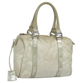 Fendi-FENDI Zucchino Canvas Hand Bag Silver Auth 119320-Silvery