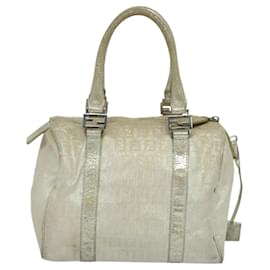 Fendi-FENDI Zucchino Canvas Hand Bag Silver Auth 119320-Silvery