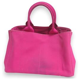 Prada-Prada Canapa Triangle Logo Plate Canvas Print Tote Bag-Pink