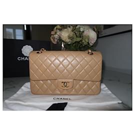 Chanel-Chanel Timeless Classic Bag – Beige Lambskin – Gold Chain-Beige,Cognac,Gold hardware