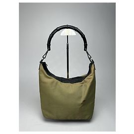 Vintage Gucci Polyester-Leder Tasche mit Bambusgriff Khaki