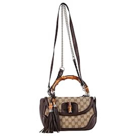Gucci-Gucci New Bamboo Top Handle Bag in Brown GG Canvas and Leather -Brown,Red