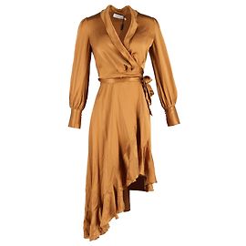 Zimmermann Asymmetric Ruffled Washed-Wrap Dress In Bronze Silk Metallic Bronze