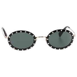 Valentino Garavani- Valentino Crystal Rockstud Oval Sunglasses in Black Metal-Black