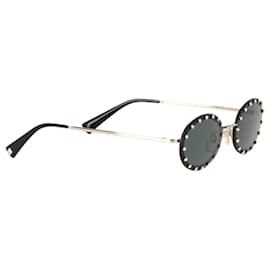 Valentino Garavani- Valentino Crystal Rockstud Oval Sunglasses in Black Metal-Black