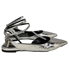 Tom Ford-Tom Ford Padlock Croc-Embossed Ballet Flats in Silver Leather-Silvery,Metallic
