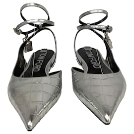 Tom Ford-Tom Ford Padlock Croc-Embossed Ballet Flats in Silver Leather-Silvery,Metallic