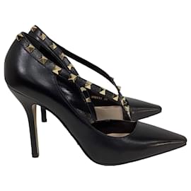 Valentino Garavani- Valentino Rockstud Cross Strap D'Orsay Pumps in Black Leather-Black