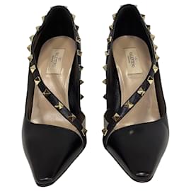 Valentino Garavani- Valentino Rockstud Cross Strap D'Orsay Pumps in Black Leather-Black