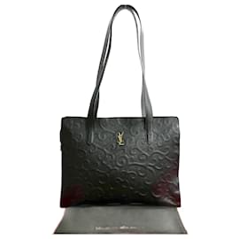 Yves Saint Laurent-Yves Saint Laurent YSL Logo Leather Tote Bag-Black
