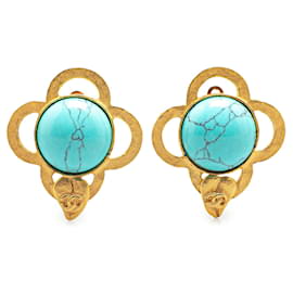 Chanel-Chanel Gold Gold Plated Gripoix Clover Clip On Earrings-Golden