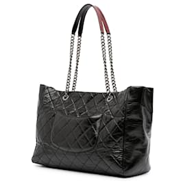 Chanel-Chanel Black Large Quilted Glazed Calfskin Duo Color Tote-Other,Dark red