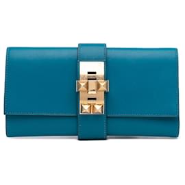 Hermès-Hermès Blue Tadelakt Medor Clutch 23-Blue,Turquoise