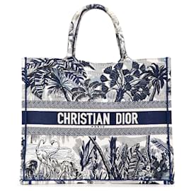 Dior-Dior Blue Large Canvas Embroidered Palm Tree Toile De Jouy Book Tote-Blue,Navy blue