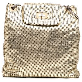 Chanel Gold Perforated Crackled Metallic Calfskin Drill Tote Golden