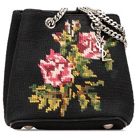 Bolsa bucket Emmanuelle em lã preta bordada Saint Laurent Preto