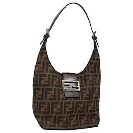 Fendi-FENDI Zucca Canvas Mamma Baguette Shoulder Bag Black Brown Silver Auth ep8706-Brown,Black,Silvery