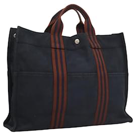 Hermès-HERMES Fourre Tout MM Hand Bag Canvas Navy Brown Silver Auth ti3010-Brown,Silvery,Navy blue