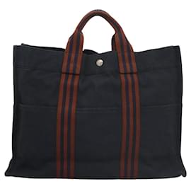 Hermès-HERMES Fourre Tout MM Hand Bag Canvas Navy Brown Silver Auth ti3010-Brown,Silvery,Navy blue