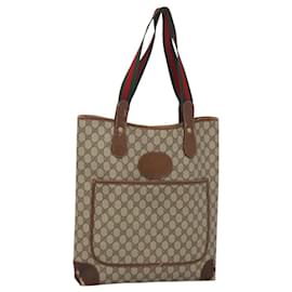 Gucci-GUCCI GG Supreme Web Sherry Line Tote Bag PVC Leather Beige Gold Auth ti3017-Beige,Golden