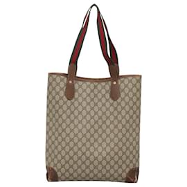 Gucci-GUCCI GG Supreme Web Sherry Line Tote Bag PVC Leather Beige Gold Auth ti3017-Beige,Golden