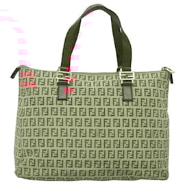 Fendi-FENDI Zucchino Canvas Hand Bag Red Gold Auth 116319-Red,Golden