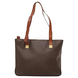 Céline-CELINE Macadam Canvas Tote Bag PVC Leather Brown Gold Auth 119765-Brown,Golden