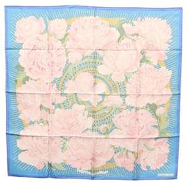 Hermès-HERMES Carre 90 Scarf ""Les Pivoines"" Silk Pink Blue Auth BA1228-Pink,Blue