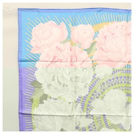 Hermès-HERMES Carre 90 Scarf ""Les Pivoines"" Silk Pink Blue Auth BA1228-Pink,Blue