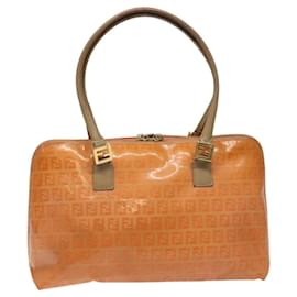 Fendi-FENDI Zucchino Canvas Hand Bag Enamel Orange Gold Auth 120250-Golden,Orange