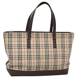 Burberry-BURBERRY Nova Check Tote Bag Canvas Beige Silver Auth 120152-Silvery,Beige
