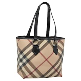 Burberry-BURBERRY Nova Check Tote Bag PVC Beige Silver Auth 120344-Silvery,Beige