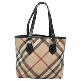 Burberry-BURBERRY Nova Check Tote Bag PVC Beige Silver Auth 120344-Silvery,Beige