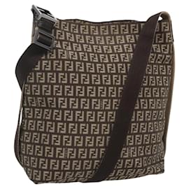 Fendi-FENDI Zucchino Canvas Shoulder Bag Brown Auth 120407-Brown