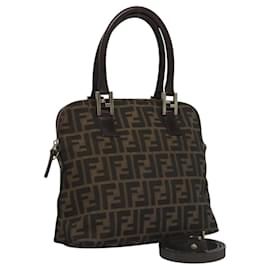 Fendi-FENDI Zucca Canvas Hand Bag 2way Black Brown Silver Auth 118251-Brown,Black,Silvery
