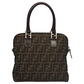 Fendi-FENDI Zucca Canvas Hand Bag 2way Black Brown Silver Auth 118251-Brown,Black,Silvery
