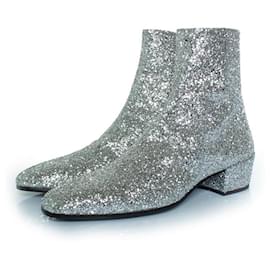 Saint Laurent-Saint Laurent, Glitter wyatt ankle boots in silver-Silvery